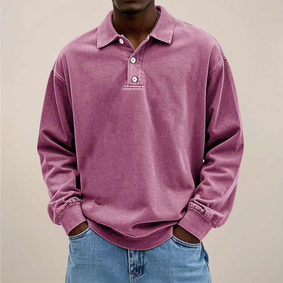 Herenpoloshirt met lange mouwen, knoopsluiting en losse pasvorm