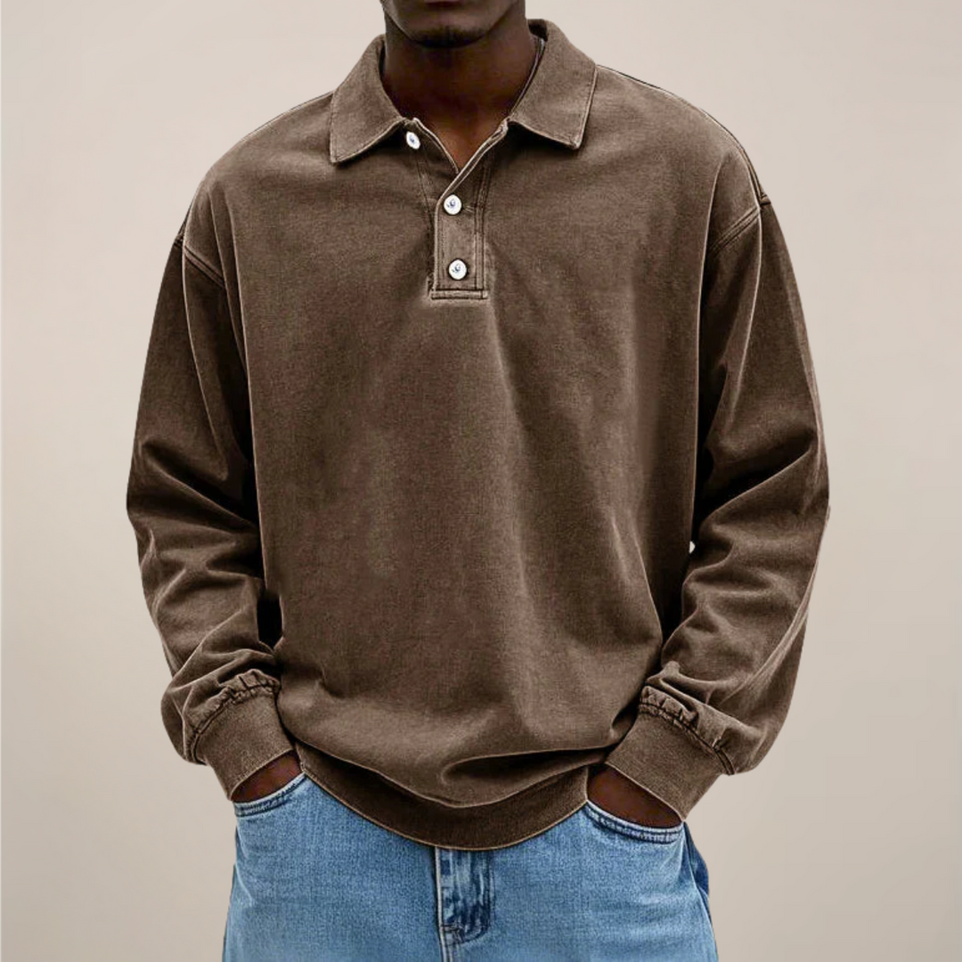 Herenpoloshirt met lange mouwen, knoopsluiting en losse pasvorm
