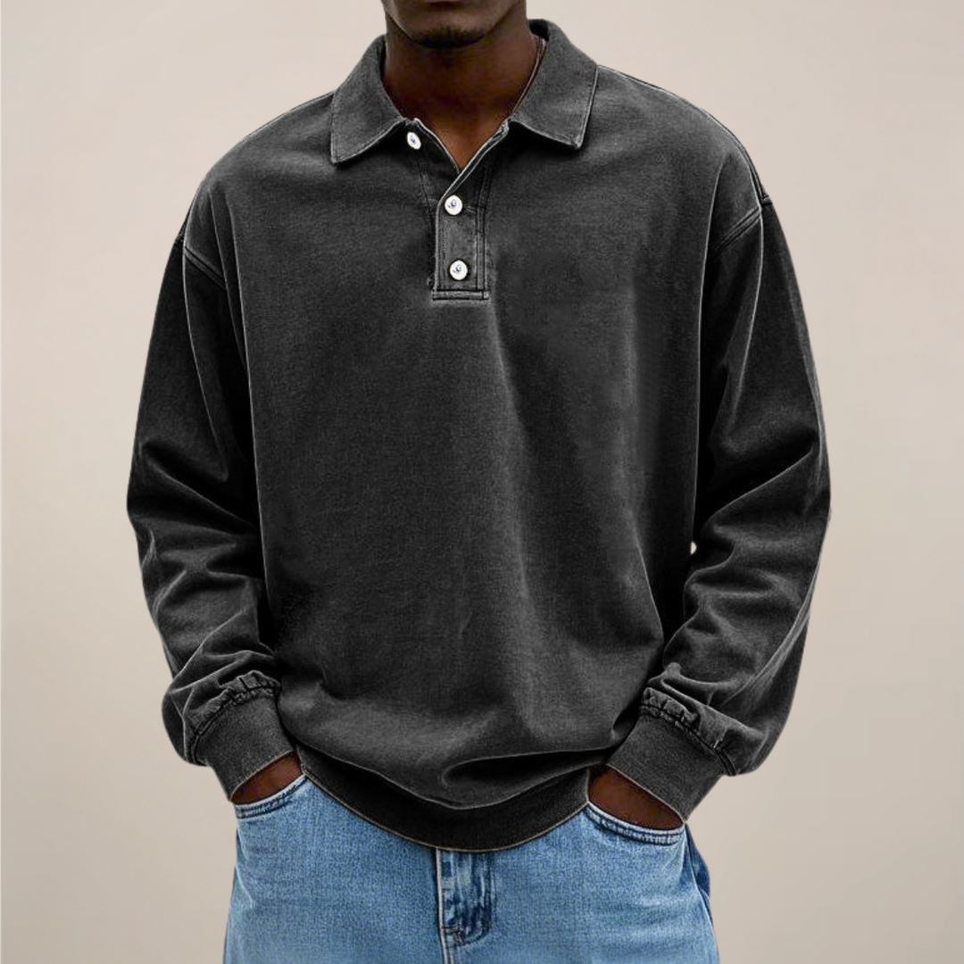 Herenpoloshirt met lange mouwen, knoopsluiting en losse pasvorm