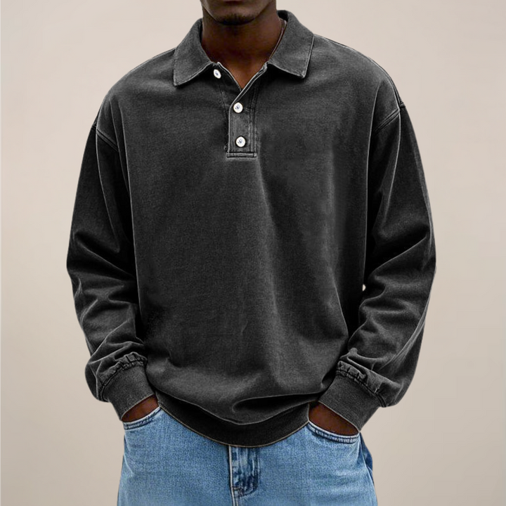 Herenpoloshirt met lange mouwen, knoopsluiting en losse pasvorm