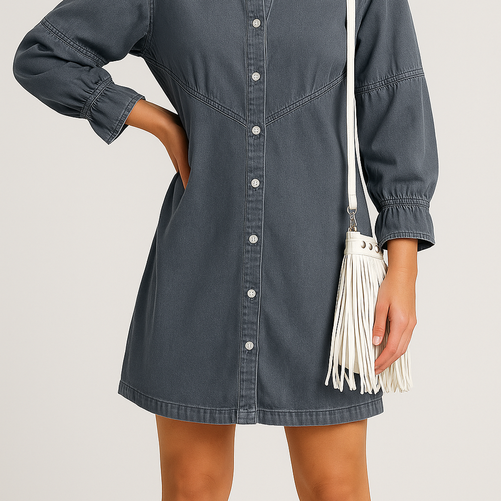 
                  
                    Dalia – Denim Knoopsluiting Mini Jurk - SkinzLine
                  
                