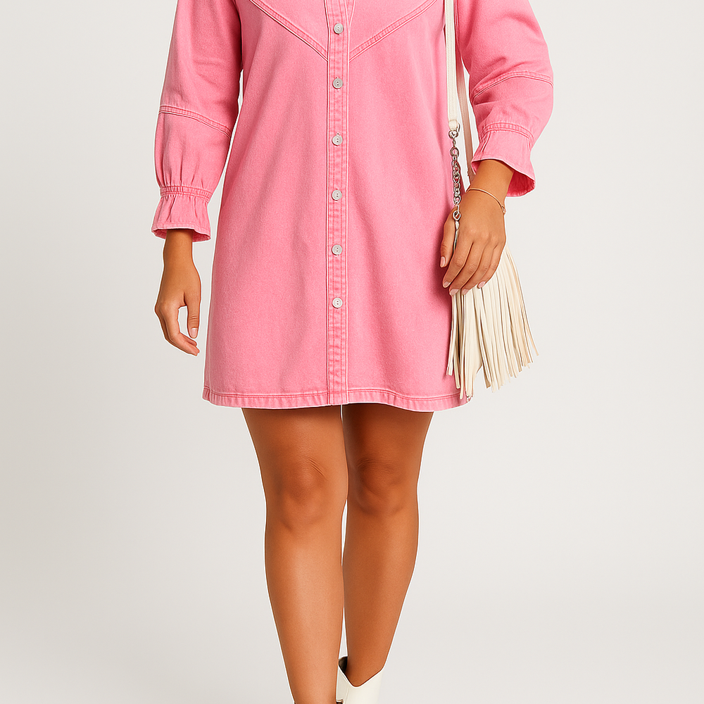 
                  
                    Dalia – Denim Knoopsluiting Mini Jurk - SkinzLine
                  
                