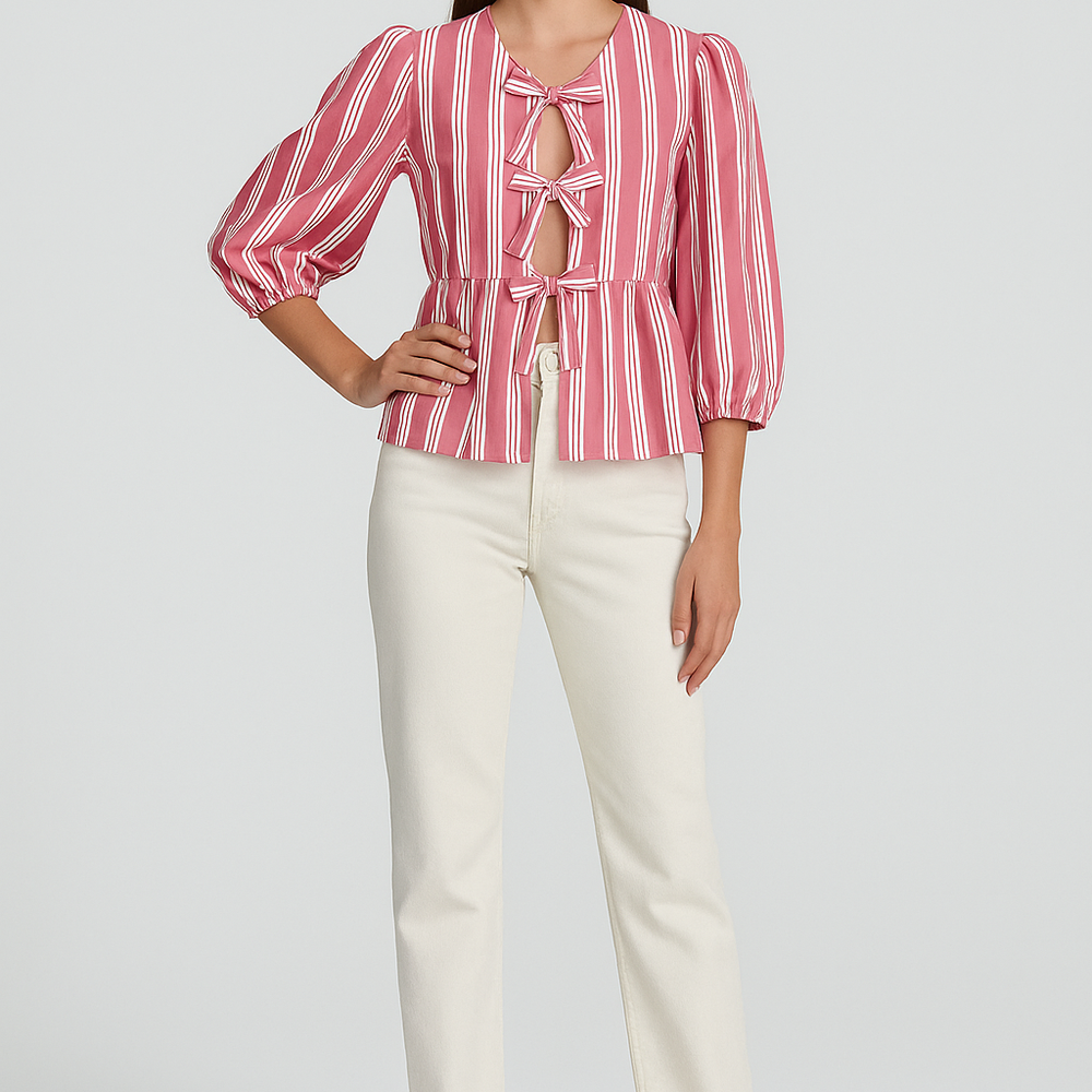 Delina – Gestreept Blouse met Strikjes en Ruches