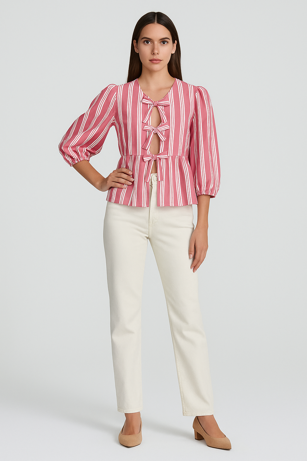 Delina – Gestreept Blouse met Strikjes en Ruches