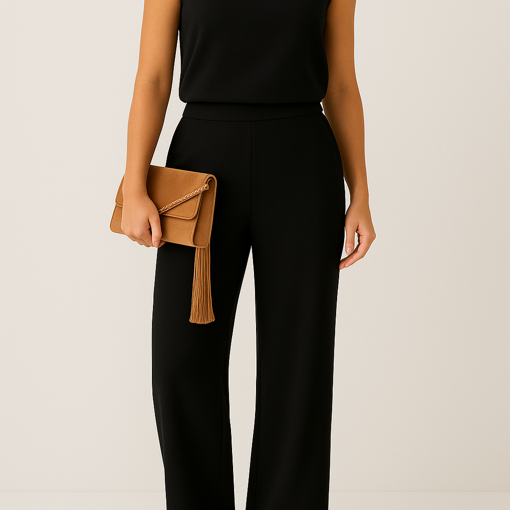 
                  
                    Delvara – Elegante Damesjumpsuit met Ronde Hals en Wijde Pijpen - SkinzLine
                  
                