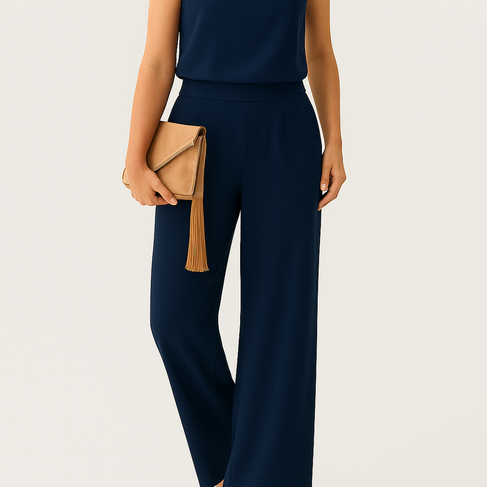 Delvara – Elegante Damesjumpsuit met Ronde Hals en Wijde Pijpen - SkinzLine