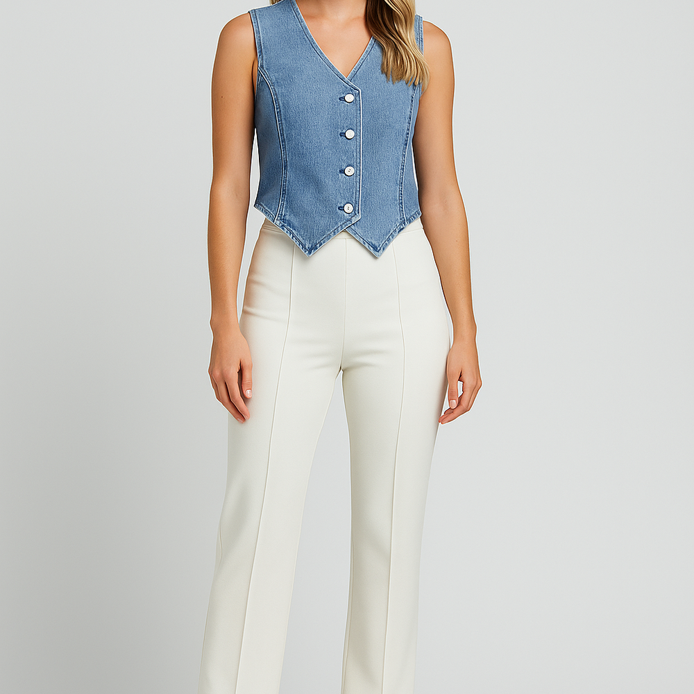 Denira – Mouwloos Denim Gilet met Knoopsluiting