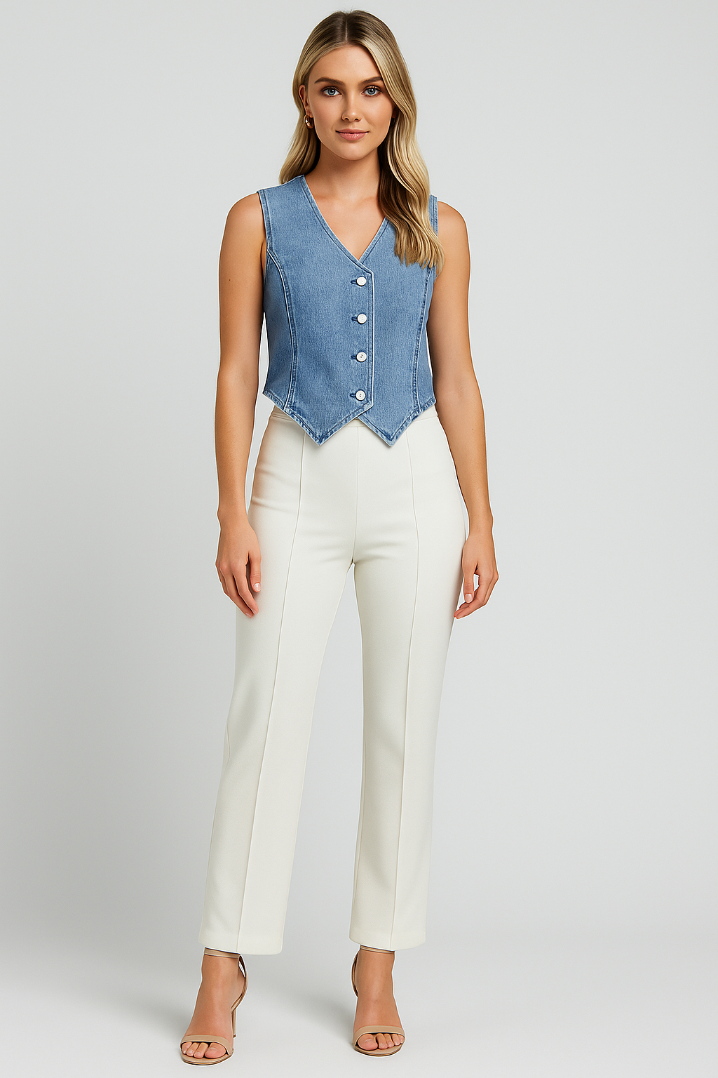 Denira – Mouwloos Denim Gilet met Knoopsluiting