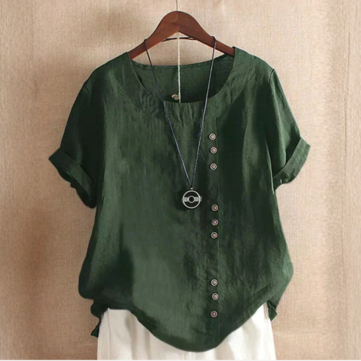 Dames Top met Korte Mouwen en Elegante Knoopdetails