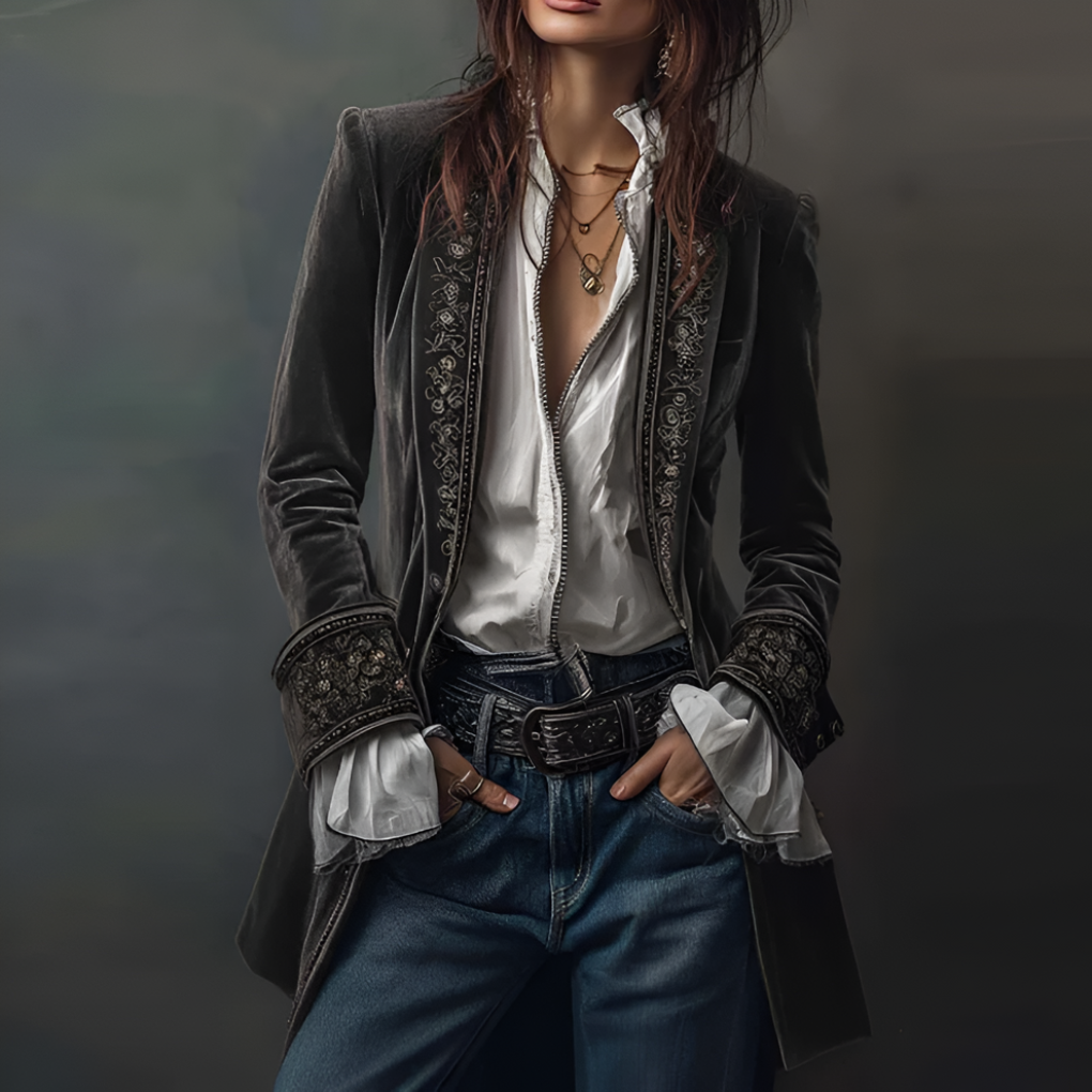 Vrouwen Geborduurde Blazer Lange Jack