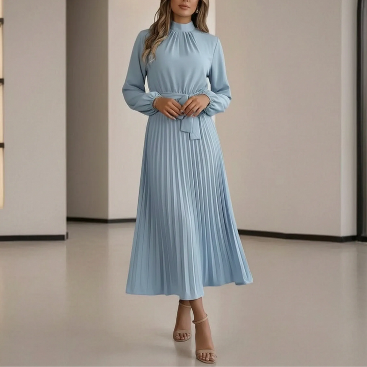 Lange Mouw Plooimidi Jurk Met Taille Strik