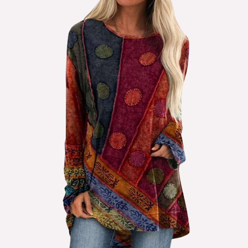 Tuniek met lange mouwen en patchworkpatroon voor dames