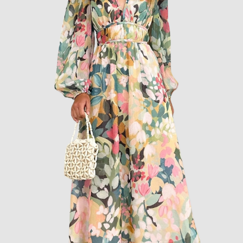 Floradia – Luchtige Bloemen Maxi Jurk met V-Hals - SkinzLine