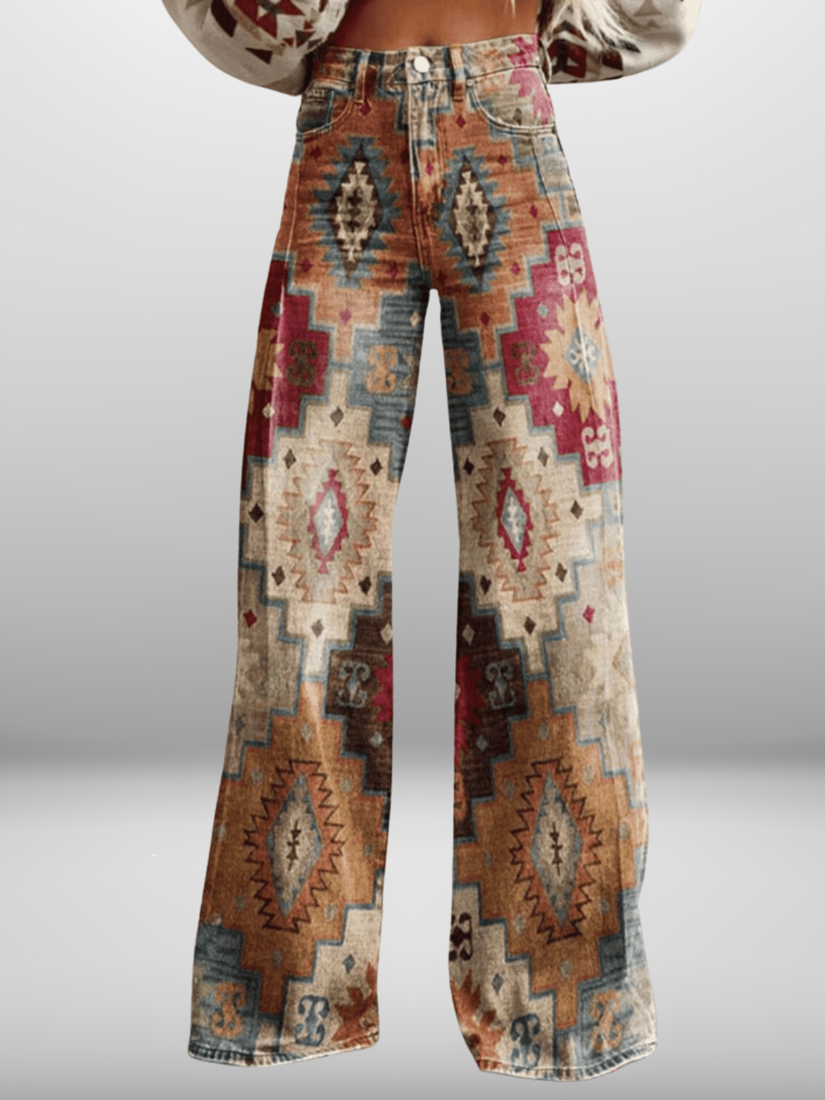 Floraya – Boho Flared Jeans met Vintage Geometrisch Design