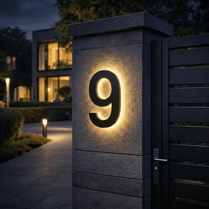 LED-huisnummerbord met achtergrondverlichting – modern, verlicht naambordje voor de ingang