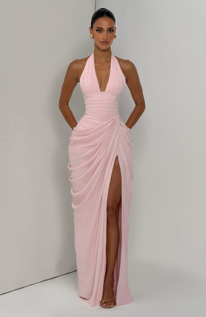 Linde maxi-jurk met halternek, korsetbovenstuk en chiffon rok