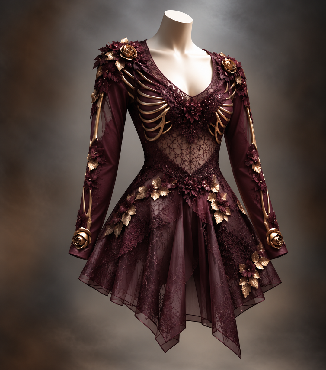 Gothic damesjurk met lange mouwen, V-hals en bot- en bloemdetail, mini