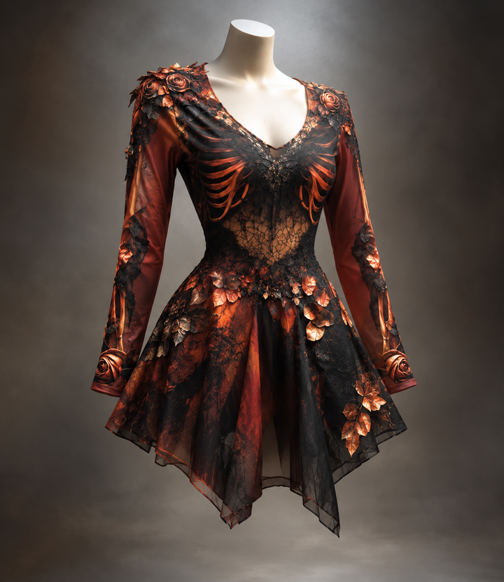 Gothic damesjurk met lange mouwen, V-hals en bot- en bloemdetail, mini