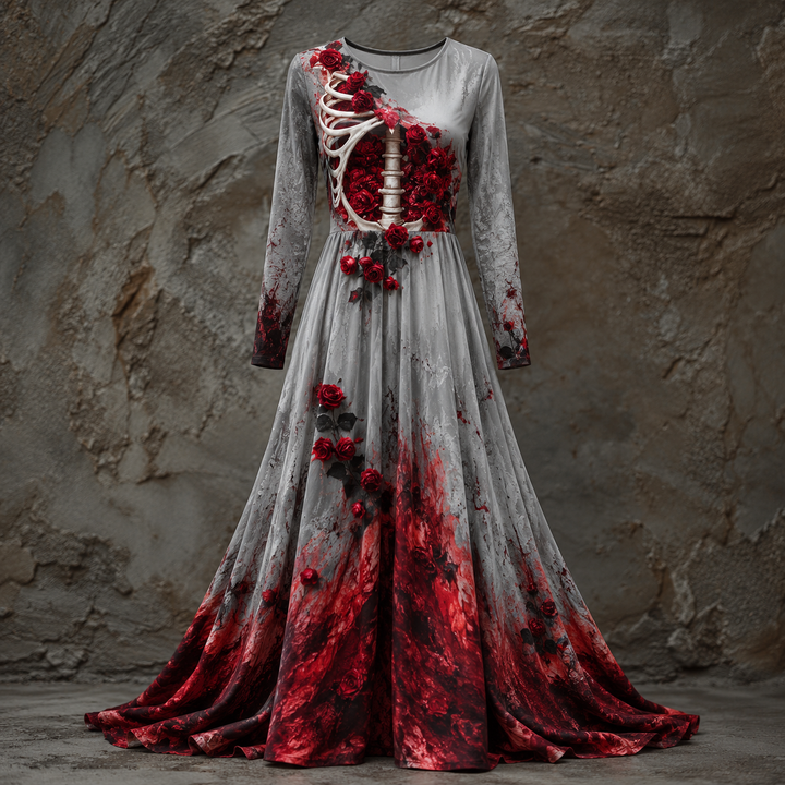 Dames Halloween-jurk met lange mouwen, maxi-lengte met skeletachtig lijfje