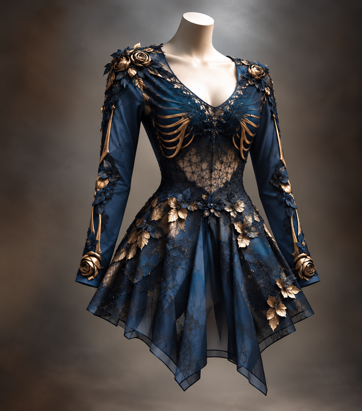 Gothic damesjurk met lange mouwen, V-hals en bot- en bloemdetail, mini