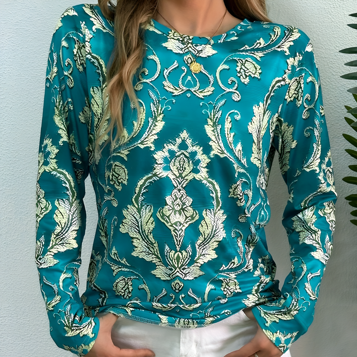 Groene dames blouse met ronde hals, print en lange mouw