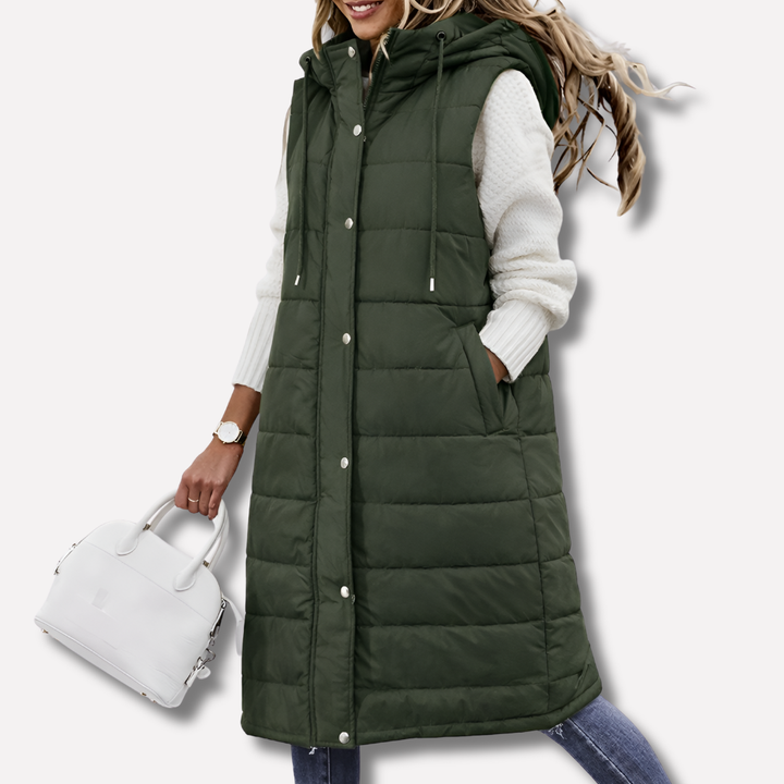 Lange bodywarmer met capuchon voor dames