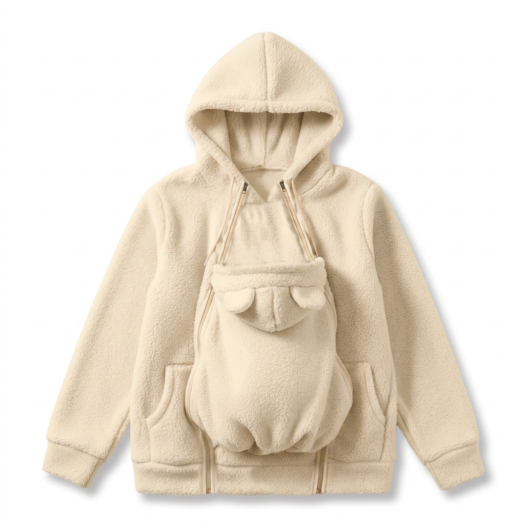Knusse fleece hoodie om een baby in te dragen met voorvak