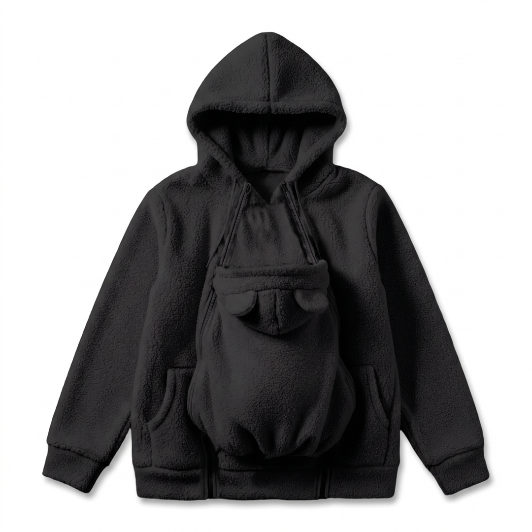 Knusse fleece hoodie om een baby in te dragen met voorvak
