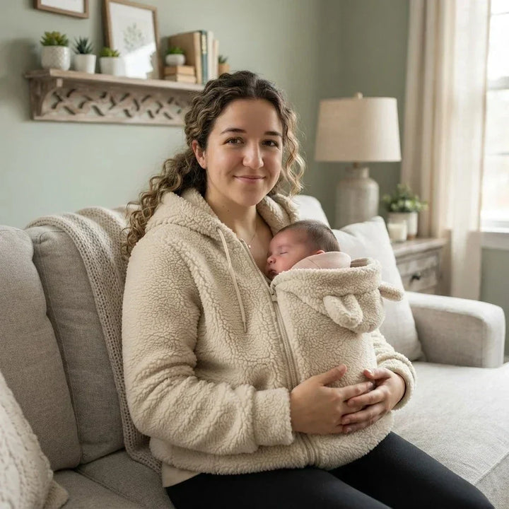 Knusse fleece hoodie om een baby in te dragen met voorvak
