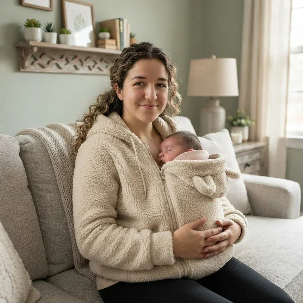 Gezellige sherpa-fleecehoodie met afneembaar ritsinzetstuk als babydrager