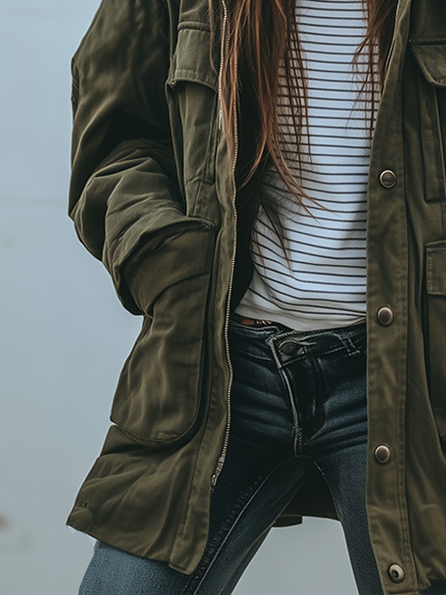 Groen dames utility-jack, losse pasvorm in legerstijl met zakken