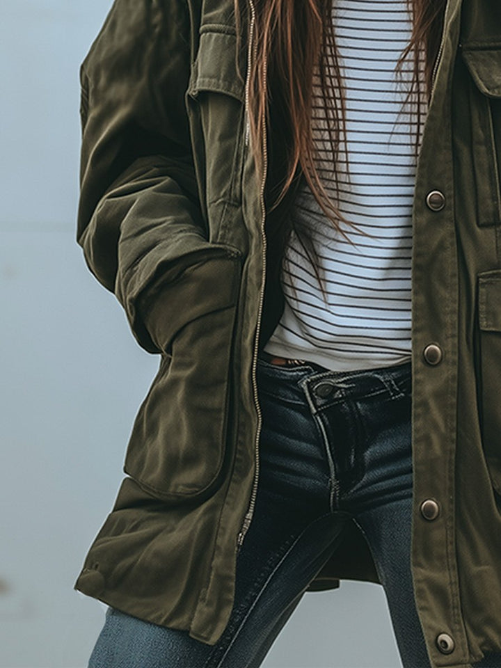 Groen dames utility-jack, losse pasvorm in legerstijl met zakken