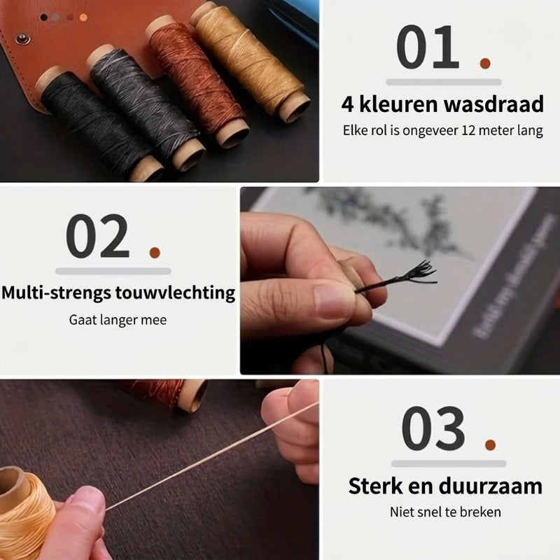 Leren naaikit met gewaxte draad en precisienaalden.