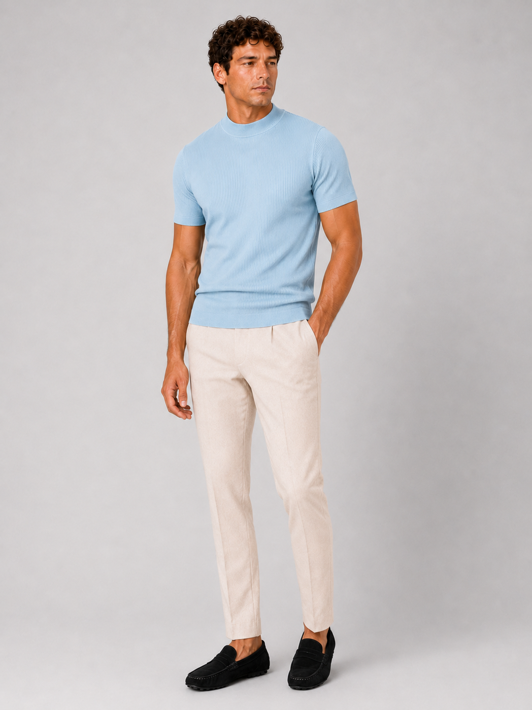 Geribd heren-T-shirt met opstaande kraag – aansluitende stretch top met korte mouwen