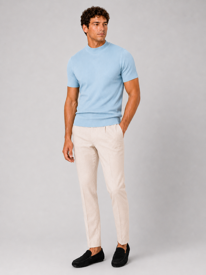 Geribd heren-T-shirt met opstaande kraag – aansluitende stretch top met korte mouwen