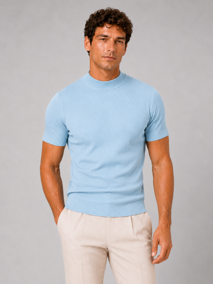 Geribd heren-T-shirt met opstaande kraag – aansluitende stretch top met korte mouwen