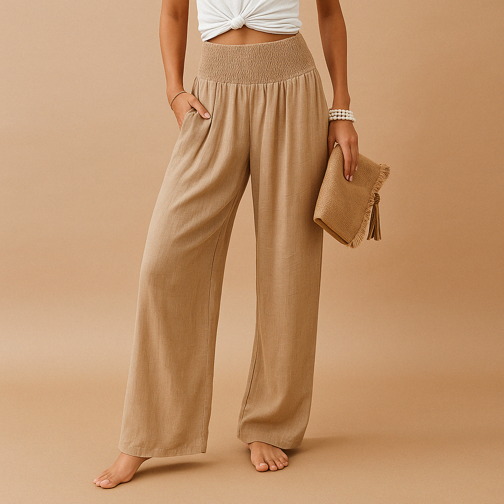 Elegante Linnen Damesbroek met Hoge Taille en Elastische Tailleband