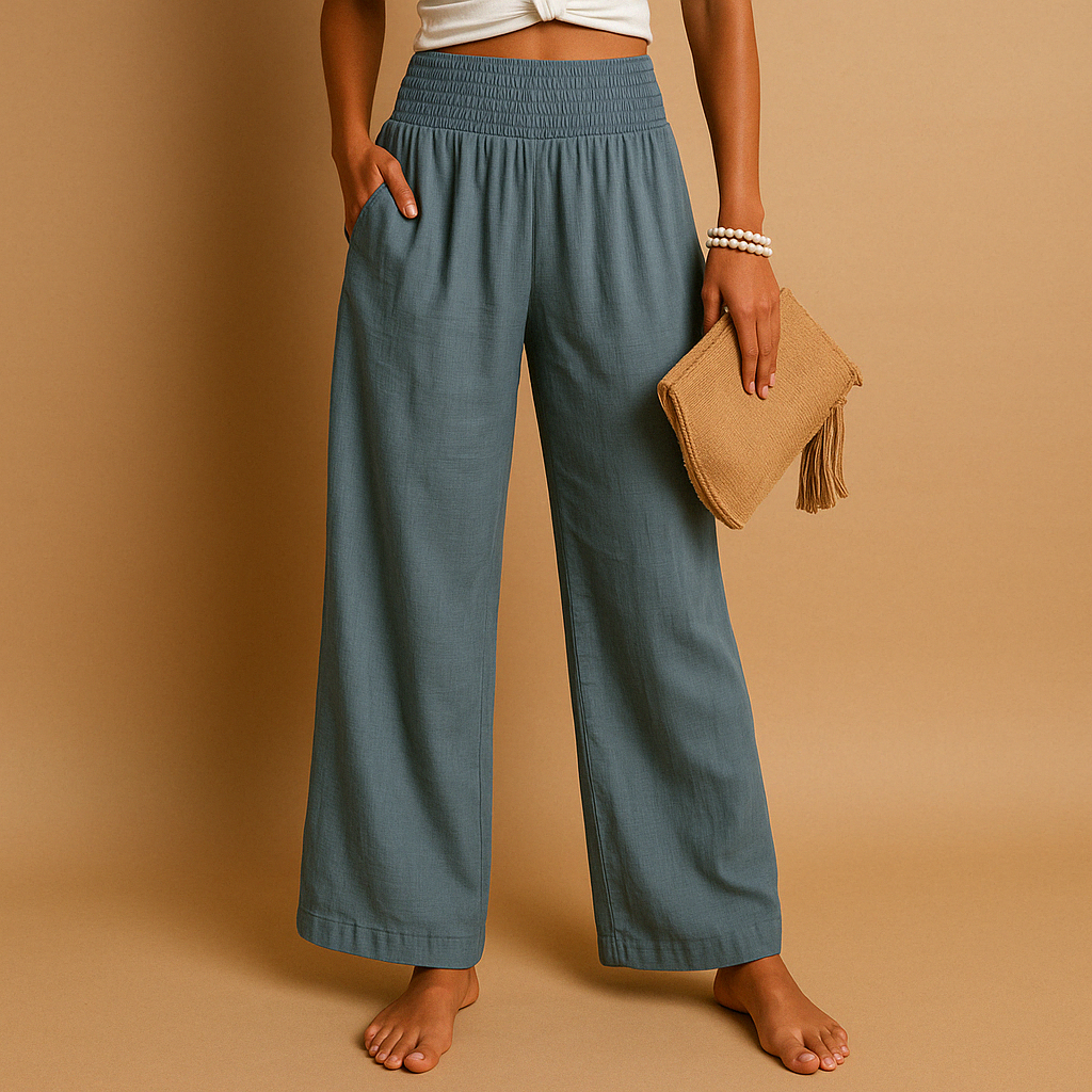 Elegante Linnen Damesbroek met Hoge Taille en Elastische Tailleband