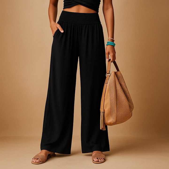 Elegante Linnen Damesbroek met Hoge Taille en Elastische Tailleband