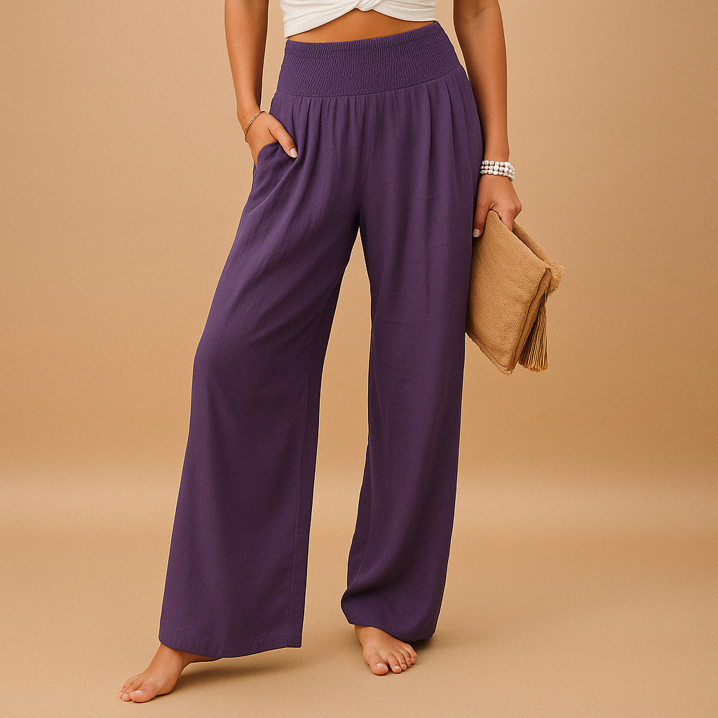 Elegante Linnen Damesbroek met Hoge Taille en Elastische Tailleband
