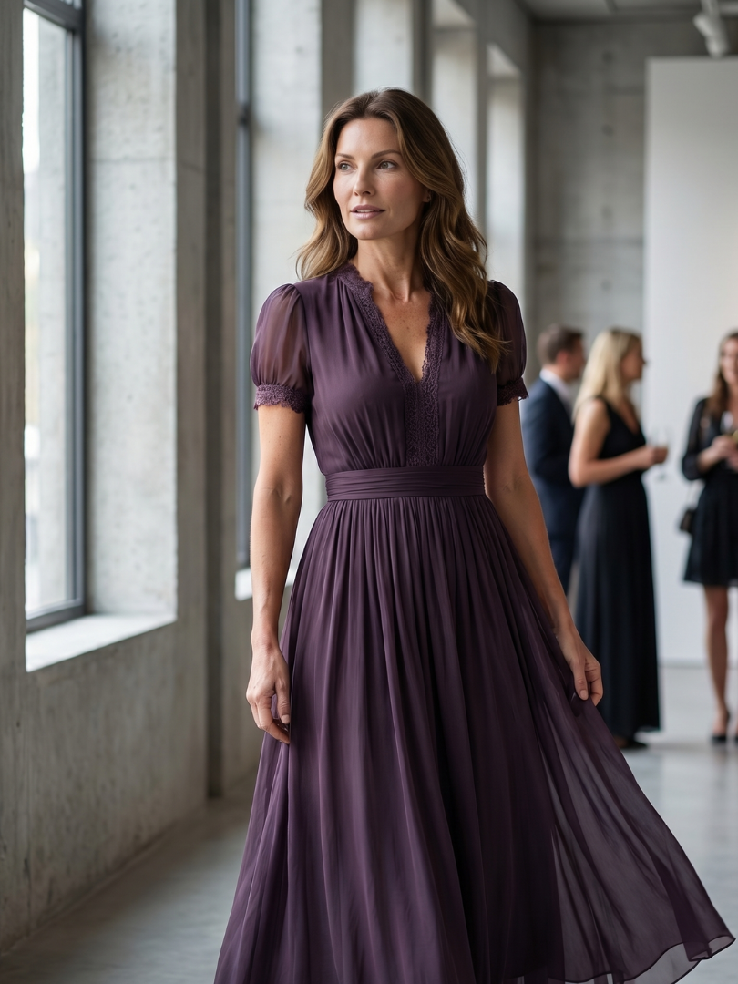 Maxi-jurk voor dames met geplisseerde taille en doorschijnende mouwen