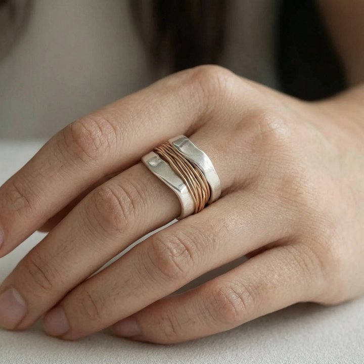 LumenaraSilver Ring With Wrapped Gold-Tone Wire Accents