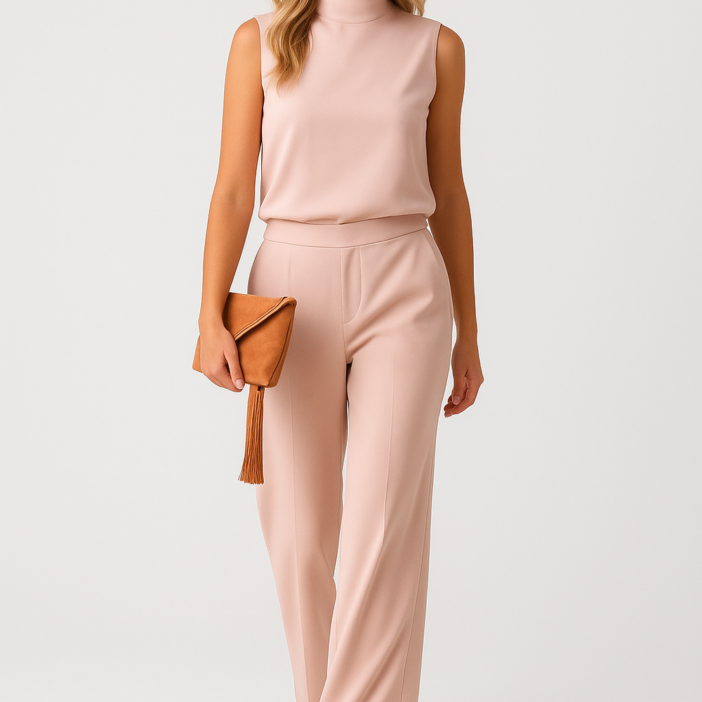 Lumira – Mouwloze Satijnen Set met Hoge Hals en Wijde Broek
