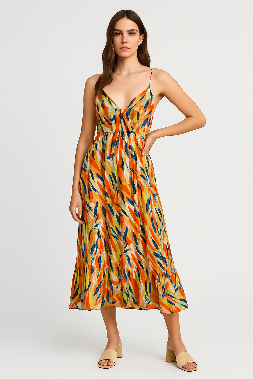 Marlie – Zomerse Midi Jurk met V-Hals en Mouwloos Design
