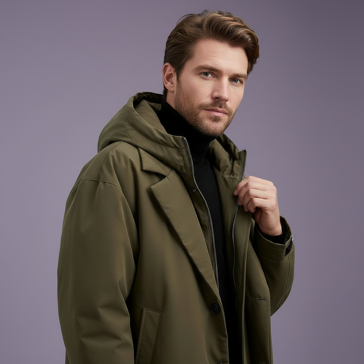 Waterdichte heren trenchcoat met capuchon, lange regenjas voor stad en reis