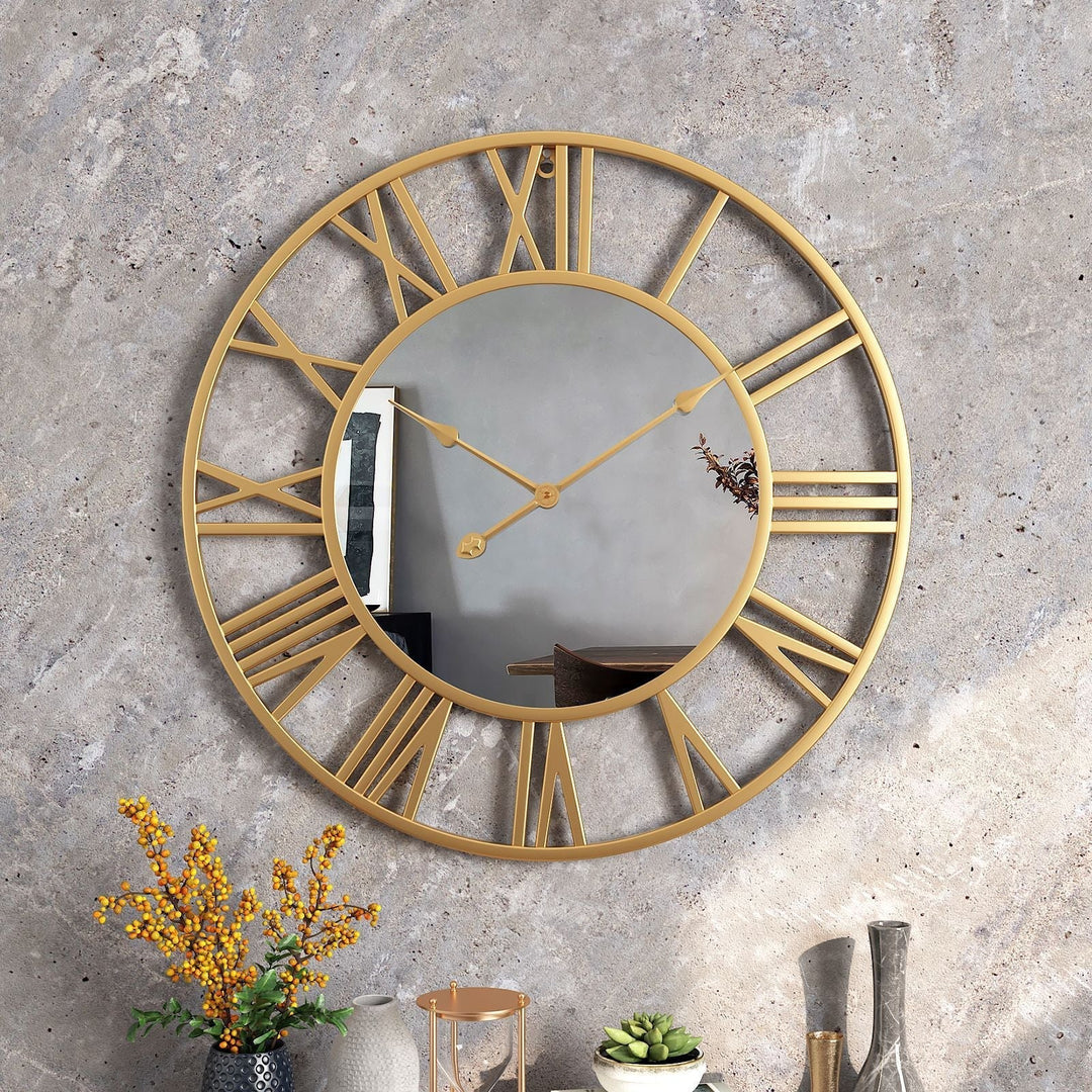 Grote Vintage Metalen Wandklok met Spiegel 39cm