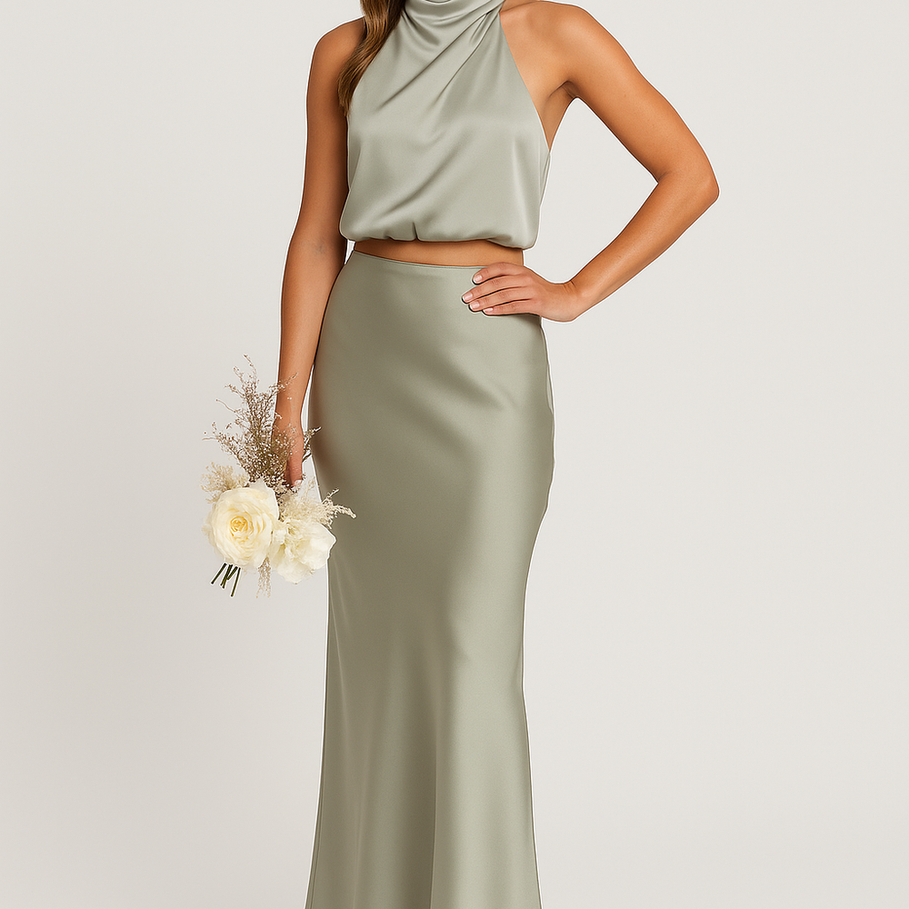 Orielle – Luxe Satijnen Halterset met Maxi Rok en Open Rug