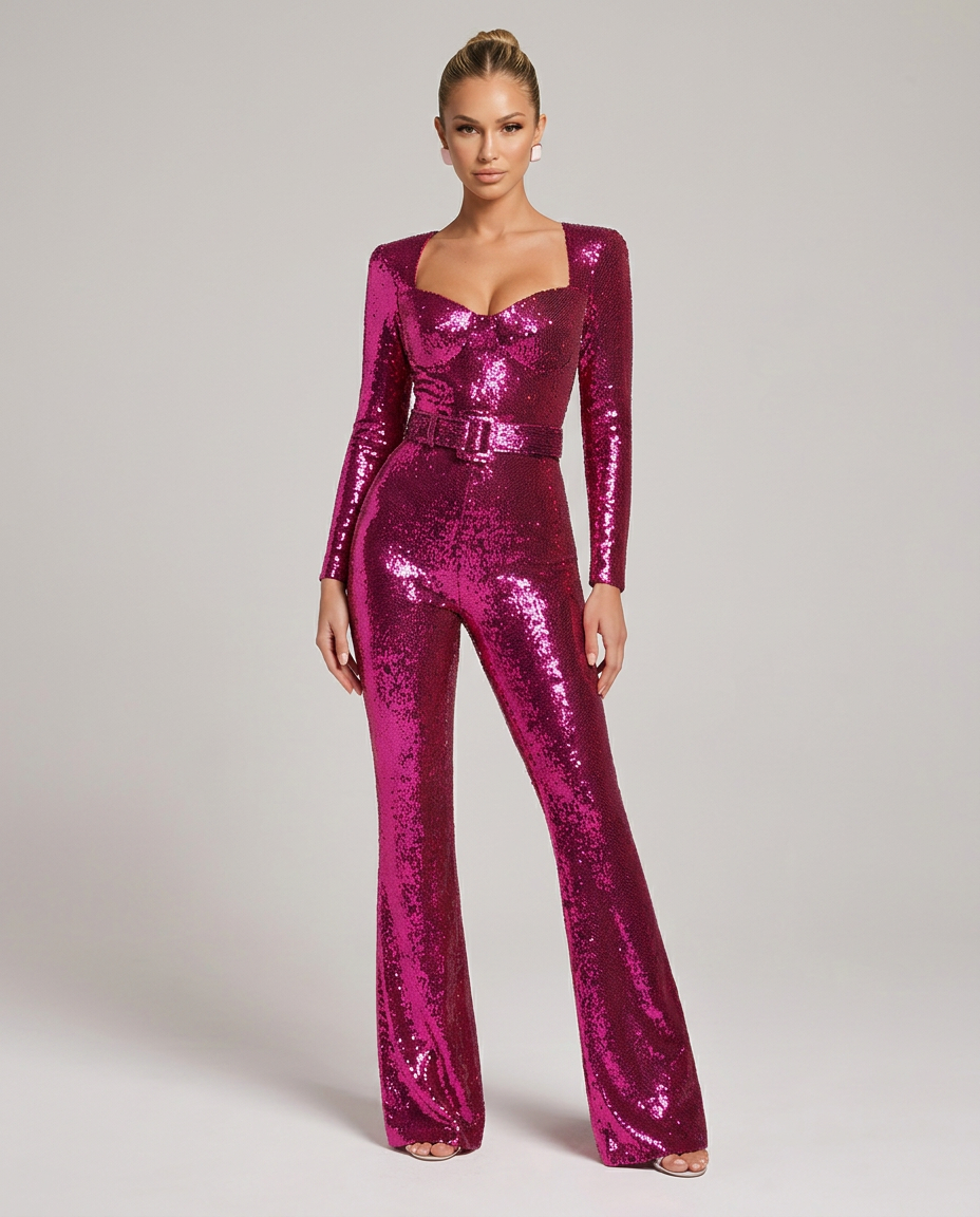 Jumpsuit voor dames met pailletten, hartvormige hals, lange mouwen en getailleerde riemtaille