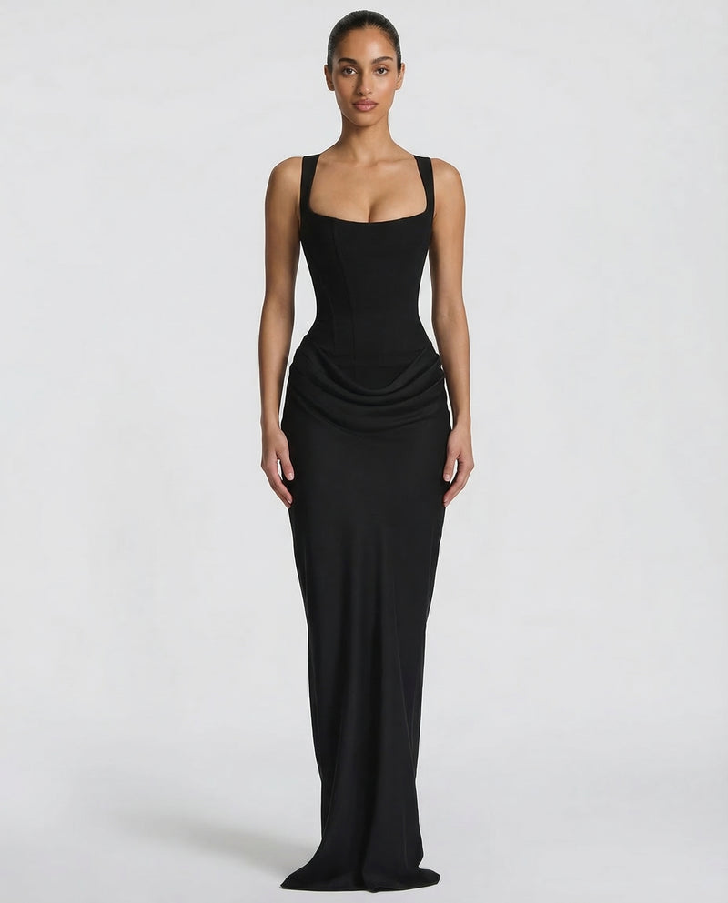 Corset-maxi-jurk met gedrapeerde rok en vetersluiting op de rug.