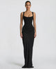 Corset-maxi-jurk met gedrapeerde rok en vetersluiting op de rug.
